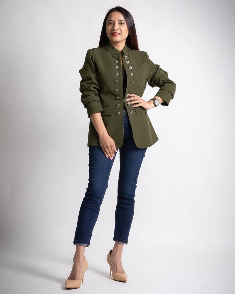 GRAPENT Women's Business Casual Buttons Pockets Open Front Blazer Suit Cardigan Army Green Size Medium (US 8-10) - Image 3